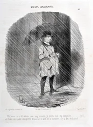 Konstverk av Honore Daumier (1808-1879). Charivari är från 1842: Serie MORES CONJUALES "" Min fru sa till mig vänta på mig fem minuter. Jag går upp till min couturiere för en timme för en kvart sedan och dörren säger att på torget i couturiere finns studen