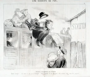 Konstverk av Honore Daumier (1808-1879). Charivari är från 1843: Serie LES Chemins de fer Trettio sekunder från stationen "" -Tiens Joseph! vla allt jag har att skicka till dig... tre paket och en resenär - Framför allt sköta om paketen”” MUSEE DES BEAUX A