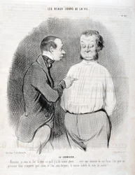 Konstverk av Honore Daumier (1808-1879). Charivari är från 1845: Serie LES BEAUX DAYS DE LA VIE. Blusen "" -Sir, jag gjorde dig till den bästa klädda... med en skjorta på mitt sätt kan du presentera dig själv i vilket vardagsrum som helst och vi kommer all