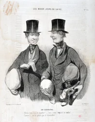 Konstverk av Honore Daumier (1808-1879). Charivari är från 1845: Serie LES BEAUX DAYS DE LA VIE. I Carnival "" -Låt oss skratta och gigotta! Jag kommer att bli besviken så smart! Känd! Vi kan inte känna igen dig...” MUSEUM OF FINE ARTS - PALACE LONGCHAMP, 
