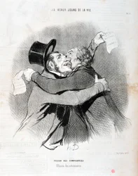 Konstverk av Honore Daumier (1808-1879). Charivari är från 1845: Serie LES BEAUX DAYS DE LA VIE. Fusion av företag - Utfall av aktieägare. MUSEUM FÖR KONST - PALATSET LONGCHAMP, MARSEILLE.
