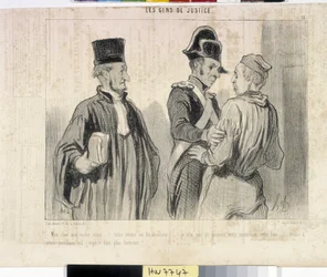 Konstverk av Honore Daumier (1808-1879). Charivari är från 1845: Serie LES PEANS DE JUSTICE. "" -Min kära vad vill du... vi hade olycka... Jag kunde inte bevisa din oskuld den här gången... men din nästa flygning hoppas jag bli lyckligare.""""" utdrag ur