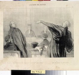 Konstverk av Honore Daumier (1808-1879). Charivari är från 1845: Serie LES PEANS DE JUSTICE. "En advokat som uppenbarligen är fylld av den mest intima övertygelse... att hans klient kommer att betala honom väl""" MUSEE DES BEAUX ARTS - PALAIS LONGCHAMP, MA
