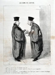 Konstverk av Honore Daumier (1808-1879). Charivari är från 1845: Serie LES PEOPLES DE JUSTICE "" -Som jag sa till dig, verkligen ditt faktum! Vi var vackra. Vi var vackra!... det är egentligen bara i Palais vi känner till sättet att argumentera och prata o