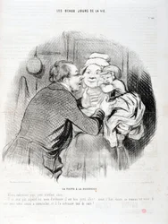 Konstverk av Honore Daumier (1808-1879). Charivari är från 1848: Serie Les beaux jours de la vie. Besöket hos sjuksköterskan - Låt oss kyssa pappa lilla barnet älskling - Han vill inte idag men oftast...”” KONSTMUSEET - PALACE LONGCHAMP, MARSEILLE