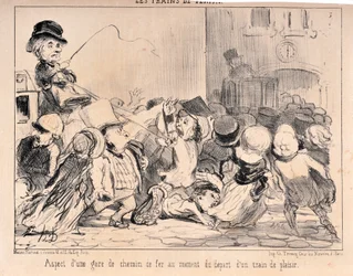 Konstverk av Honore Daumier (1808-1879). Charivari är från 1852: Serie LES TRAINS DE PLAISURE Uppkomsten av en järnvägsstation vid tidpunkten för avgång av ett nöjetåg MUSEE DES BEAUX ARTS - PALAIS LONGCHAMP, MARSEILLE