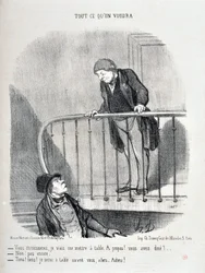 Konstverk av Honore Daumier (1808-1879). Charivari är från 1853: Serie ALL WHAT YOU WILL “Du får ursäkta mig, jag sitter vid bordet. Om det! Ätade du? - Nej inte än. "Jaha, jag sitter vid bordet före dig""" MUSEE DES BEAUTS ARTS - PALAIS L