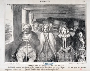 Konstverk av Honore Daumier (1808-1879) Charivari är från 1855: Serie Actualites de voyage en railroad “” -Här är mer än åtta dagar som det inte har hänt en olycka på den här linjen... det kan inte vara så länge. .. Jag är ledsen över att ha tagit det här 