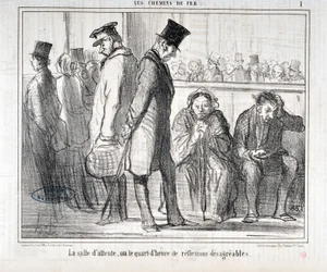 Konstverk av Honore Daumier (1808-1879). Charivari är från 1855: Serie LES Chemins de fer "" Väntrummet eller kvarten av obehagliga reflexioner""" MUSEE DES BEAUX ARTS - PALAIS LONGCHAMP, MARSEILLE