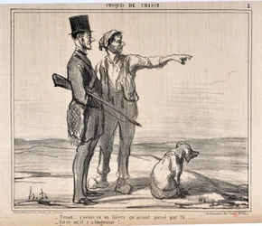 Konstverk av Honore Daumier (1808-1879) Charivari är från 1857: Serie sketches de chasseur "" Håll ut... Jag såg en hamn som hade vid... - Är det så länge?..."" MUSEUM OF FINE ARTS - PALACE LONGCHAMP, MARSEILLE