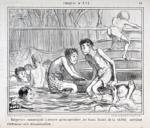 Verk av Honoré Daumier (1808-1879) ur Charivari från 1858: serien "Sommarskisser": "Badande som börjar tycka att de kalla baden i Seine i september förtjänar denna beteckning." Musée des Beaux-Arts - Palais Longchamp, Marseille
