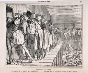Verk av Honoré Daumier (1808-1879), Charivari, daterat 1858: serien ”Sommarskisser. Ett besök på baden: Kön framför dörrarna till badhytterna... Eller ångbadet före det kalla badet”. Konstmuseet - Palais Longchamp, Marseille