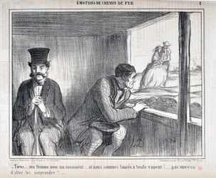 Konstverk av Honore Daumier (1808-1879) Charivari är från 1858: Serie EMOTIONS EN Chemin de fer - "Här... min fru med en gentleman... och vi går för fullt!... ingen möjlighet att överraska dem!!...” MUSEET FÖR FINA KONST - PALACE LONGCHAMP, MARS