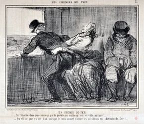 Konstverk av Honore Daumier (1808-1879). Charivari är från 1858: Serie LES RAILWAYS By Railroad “” -Så se inte ut så där genom dörren, en olycka kommer så snabbt!... “Vad spelar det för roll för mig, eftersom jag är försäkrad mot olyckor på järnväg