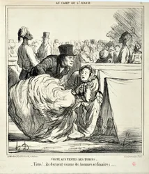 Konstverk av Honore Daumier (1808-1879) Charivari är från 1859: Serie AU CAMP DE SAINT MAUR Besök i turkosernas tält. "" -Här!... de sover som vanliga män..." KONSTMUSEET - PALACE LONGCHAMP, MARSEILLE