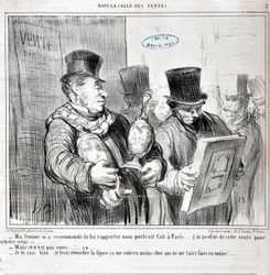 Konstverk av Honore Daumier (1808-1879). Charivari är från 1859: Serie I REA "" - Min fru rekommenderade mig att ta med mig mitt porträtt gjorda i Paris... Jag utnyttjade denna rea för att köpa den här... -Men det är inte du... ca. .. - Jag vet det, jag sk