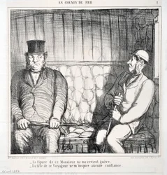 Konstverk av Honore Daumier (1808-1879). Charivari är från 1864: Serie LES CHAINS DE RAILWAY “” -Gestalten av denna herre kommer inte tillbaka till mig. - denna resenärs huvud inspirerar mig inget förtroende””” MUSEE DES BEAUX ARTS - PALAIS LONGCHAMP, MARS