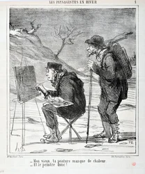 Konstverk av Honore Daumier (1808-1879). Charivari är från 1864: Serie LES LANDSAGISTS IN WINTER “” - Min gamle man, din tavla saknar värme - Och målaren så! "" MUSEET FÖR FINA KONST - PALACE LONGCHAMP, MARSEILLE