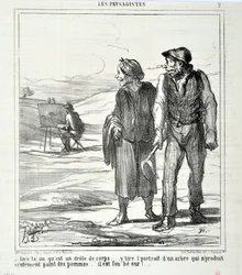 Konstverk av Honore Daumier (1808-1879). Charivari är från 1864: Serie LES LANDSAGISTS "" - I den här som är en rolig kropp... ritar ett porträtt av ett träd som inte bara producerar äpplen... han är galen i!..." KONSTMUSEET - PALACE LONGCHAMP,