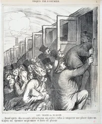 Konstverk av Honore Daumier (1808-1879). Charivari är från 1864: Serie Sketch Les trains de plaisir “” - När vi efter tio misslyckade överfall äntligen får erövra en plats i en vagn upplever vi ett första och mycket livligt nöje””” MUSEE DES BEAUX AR