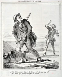 Konstverk av Honore Daumier (1808-1879) Charivari är från 1864: Serie Sketch de Chasse "Ou va donc? Haren är inte färdig där! - Om den jag ska äta i civet" MUSEE DES BEAUX ARTS - PALAIS LONGCHAMP, MARSEILLE