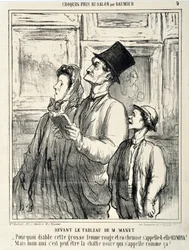 Verk av Honoré Daumier (1808-1879). Charivari från 1865: Serie CRUQUIS PAUIT AU SALON. Framför en målning av Manet: “Varför i hela friden kallar denna stora röda kvinna i särk sig Olympia? - Men min vän, kanske är det den svarta kattens namn?” MUS