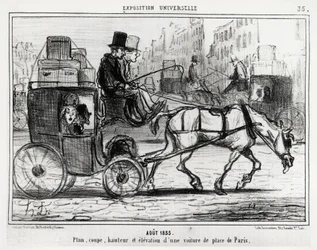 Augusti 1855, universell utställning: plan, skärning, höjd och höjd av en Parisbil. Illustration av Honore Daumier (1808-1879), publicerad i nyheterna, "" Charivari", daterad 4 september