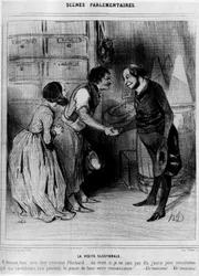 Kandidat för valbesök hos köpmän: "" Valbesöket""" - tecknad serie av Daumier, i "" Charivari"" av 1844-04-08