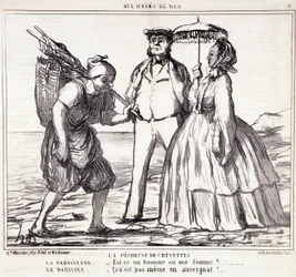 Tecknad film om parisiska turister på semester. Serien "" Axe Bains de Mer"": "" Räkfisket..." Gravyr av Honore DAUMIER (1808-1879). Utdrag ur tidningen "" Le Charivari"" den 5 september