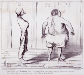 Tecknad film om utseende. Serie "" The Bathers"": Säg till pappa Drouillet..."" Gravyr av Honore DAUMIER (1808-1879). Utdrag ur tidningen "" Le Charivari"". Mått 25x36cm. box 12 Marseille, Musee des Beaux-Arts, Palais Longchamps, Collection Arts Graphi
