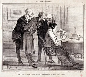 Tecknad film om konstsamlare. Serien "" Potichomania"": "" En falsk vas från Japan som beundrar tre kineser." Gravyr av Honore DAUMIER (1808-1879). Utdrag ur tidningen "" Le Charivari""