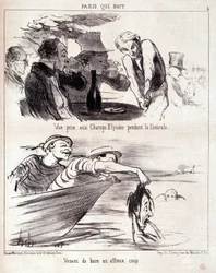 Tecknad film om gastronomiska övergrepp. Serie "Paris qui boire": "vy från Champs Elysees under värmeböljan. Har just druckit en fruktansvärd smäll." Gravyr av Honore DAUMIER (1808-1879). Utdrag ur tidningen "Le Charivari" den 5 juni.