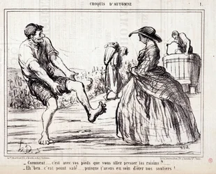 Tecknad film om skördare som trampar på barfota druvor. Serie “” Autumn Sketch””: “” Hur... ska du pressa druvorna med fötterna? ...” Gravyr av Honore DAUMIER (1808-1879). Utdrag ur tidningen "" Le Charivari""