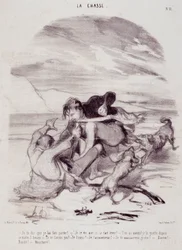 Tecknad film om jägare. Serien "" The Beautiful Days of Life - The Hunting"": "" Jag säger dig att jag fick honom att lämna..."" Gravyr av Honore DAUMIER (1808-1879). Utdrag ur tidningen "" Le Charivari"" den 10 januari