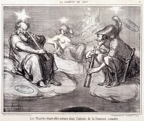 Tecknad film om vetenskap. Serie Sur "" kometen från 1857"": "" Planeterna själva väntar på den berömda kometen""". Gravyr av Honore DAUMIER (1808-1879), 25 mars