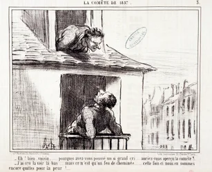 Tecknad film om vetenskap. Serie Sur “” the Comete of 1857””: “” Nåväl granne... varför gjorde du ett så stort rop...”” Gravyr av Honore DAUMIER (1808-1879). Utdrag ur tidningen "" Le Charivari"" den 11 mars