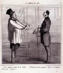 Tecknad film om vetenskap. Serie om "" the Comete of 1857"": I want no ticket..." Gravyr av Honore DAUMIER (1808-1879). Utdrag ur tidningen "" Le Charivari"" 4 mars