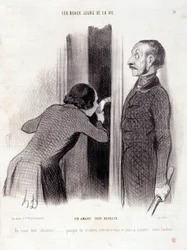 Tecknad film om paret. Serien "" The Beautiful Days of Life"": "" En älskare för glad..." Gravyr av Honore DAUMIER (1808-1879). Utdrag ur tidningen "" Le Charivari"" den 1 september