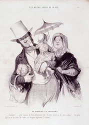 Tecknad film om familjen. Serien "" The Beautiful Days of Life"": En söndag på landsbygden..." Gravyr av Honore DAUMIER (1808-1879). Utdrag ur tidningen "" Le Charivari"" den 21 juli