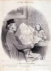 Tecknad film om pressen. Serien "" The Beautiful Days of Life"": "" Det alltmer monsterformatet..."". Gravyr av Honore DAUMIER (1808-1879). Utdrag ur tidningen "" Le Charivari"" den 18 oktober