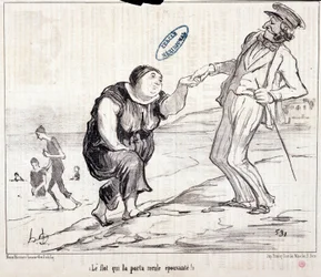 Tecknad film om turister på semester. Serie "" Axe Bains de Mer: "" Översvämningen som förde tillbaka den skrämmande! "" Gravyr av Honore DAUMIER (1808-1879). Utdrag ur tidningen "" Le Charivari""