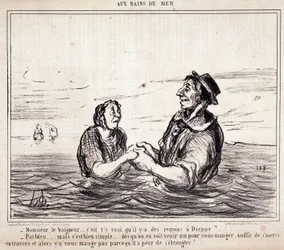 Tecknad film om turister på semester. Serie “” aux Bains de Mer””: “” Monsieur le bathneur... är det sant att det finns hajar i Dieppe?...” Gravyr av Honore DAUMIER (1808-1879). Utdrag ur tidningen "" Le Charivari"" den 8 juni