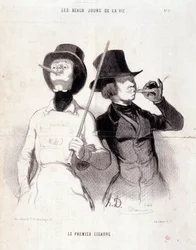 Tecknad film om unga Dandys. Serien "" The Beautiful Days of Life"": "" Den första cigarren"". Gravyr av Honore DAUMIER (1808-1879). Utdrag ur tidningen "" Le Charivari"" den 31 december 1843 Dim 37x25cm Inv 1089 - kartong 8 N¡2. Marseille, Musée des Beaux