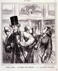 Tecknad film om konstälskare: Serie "" Au salon"": Låt oss lämna frun... dessa nakenbilder är revoltanter... Jag kommer tillbaka helt ensam"" Gravyr av Honore DAUMIER (1808-1879). Utdrag ur tidningen "" Le Charivari"" den 5 maj