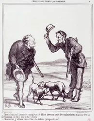 Tecknad film om jägarna: Serie "" Autumn Sketch"": "" Sir, med tanke på den totala frånvaron av vilt, vänligen ge mig tillåtelse att skjuta din hund..."" Gravyr av Honore DAUMIER (1808-1879). Utdrag ur tidningen "" Le Charivari"" den 28 september