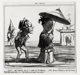 Christi! Jag vet inte hur man talar kinesiska... Jag ska gärna berätta för henne att det är något som är trevligt för henne och oskyldigt för hennes man!.... In serie En Chine, illustration av Honore Daumier (1808-1879), publicerad i "Charivari", daterad d