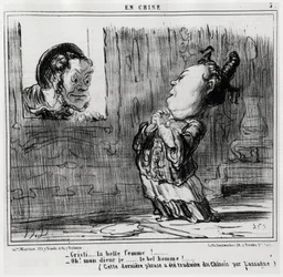 Christi, den vackra kvinnan! ; "" Åh! Gud, jag... Den stilige mannen!” (Denna sista meningen har översatts från kinesiska av Lassagne.), i serien En Chine, illustration av Honore Daumier (1808-1879), publicerad i "Charivari"