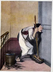 Concierge tittar genom ett nyckelhål - teckning av Daumier, n.d. 19:e.