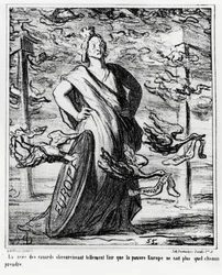 Europa: molnet av ankor som skymmer luften så mycket att det stackars Europa inte längre vet vilken väg det ska ta. Illustration av Honore Daumier (1808-1879), publicerad i tidningen Charivari den 22 oktober.