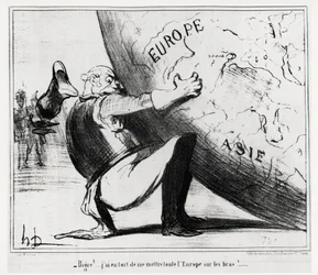 Tyskland: bigre!... det var fel av mig att lägga hela Europa på mina händer. Illustration av Honore Daumier (1808-1879), publicerad i tidningen Charivari den 25 januari.
